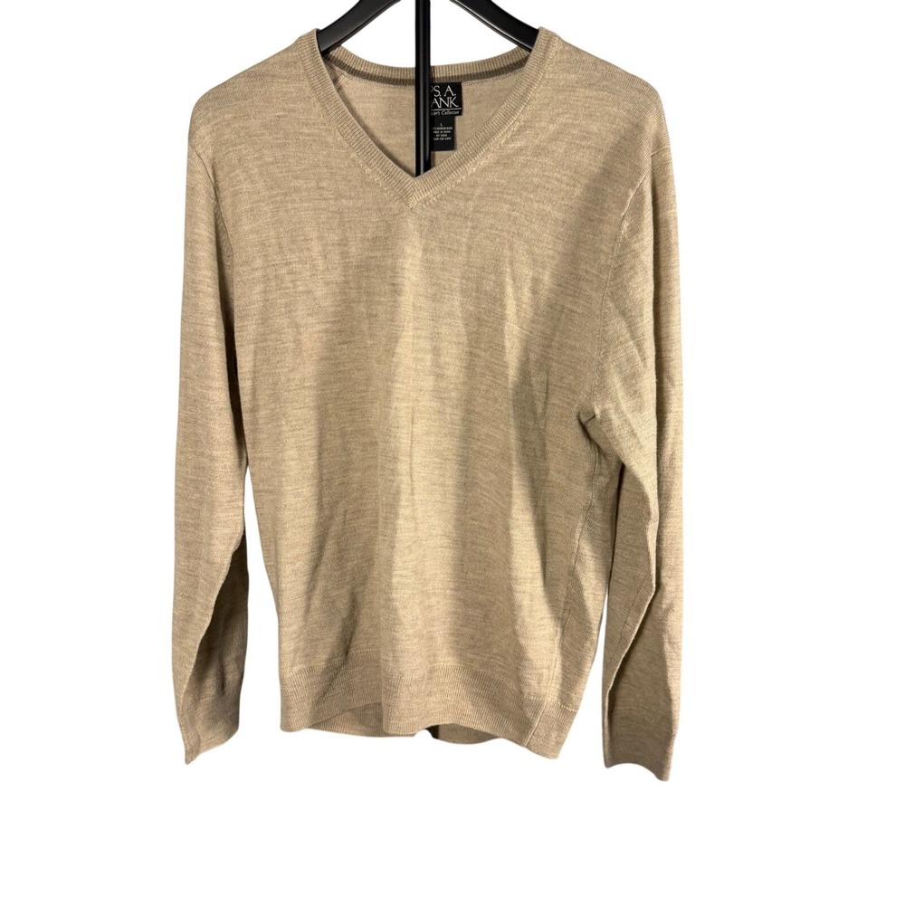 Jos A Bank Travelers Collection Mens Large Tan Merino Wool V-Neck Sweater Heathe